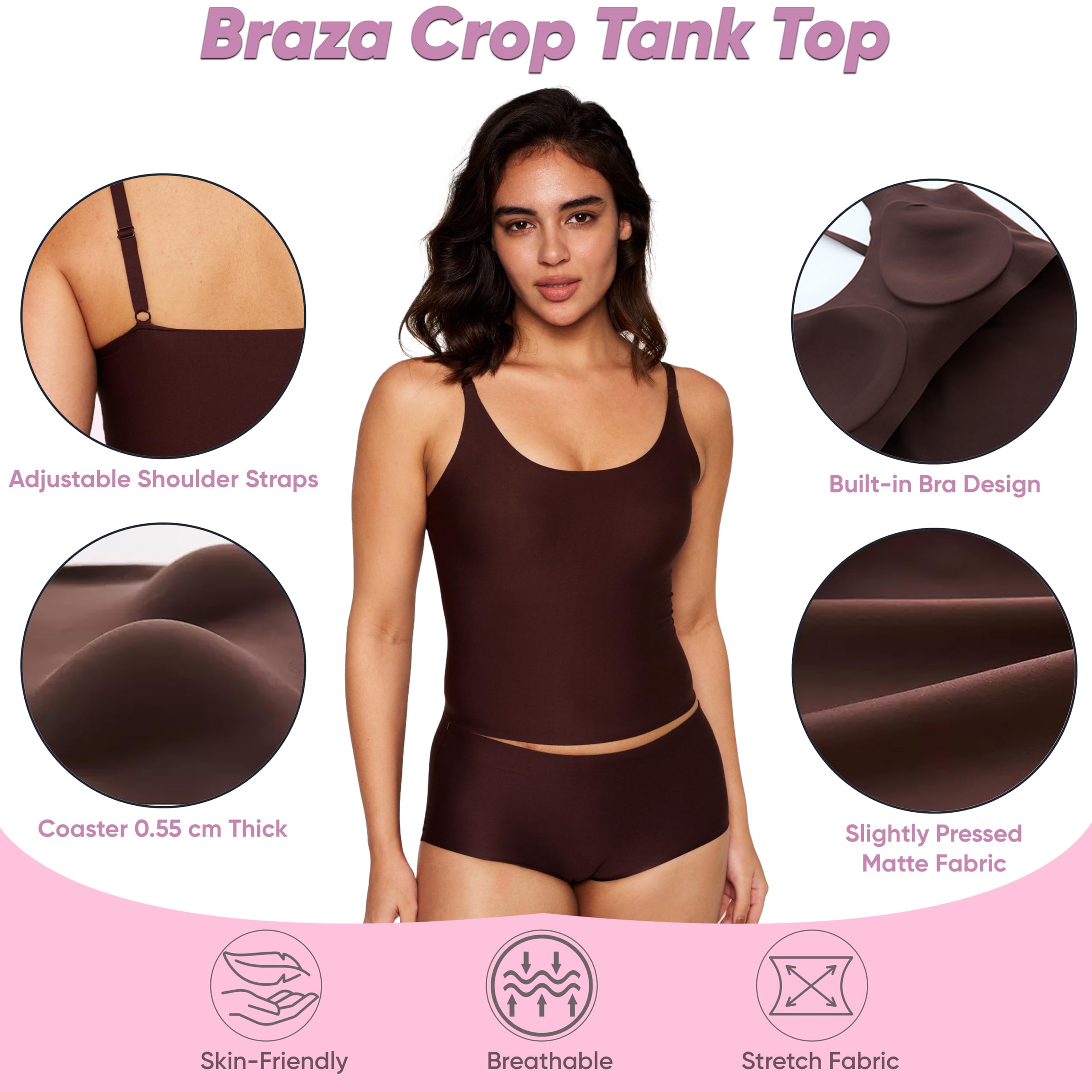 Braza Daily Vest Cropped Tank Top - Comfortable Scoop Neck Built-in Bra Crop Tank Top for Women - Ideal for Skirts & Shorts - Image 4
