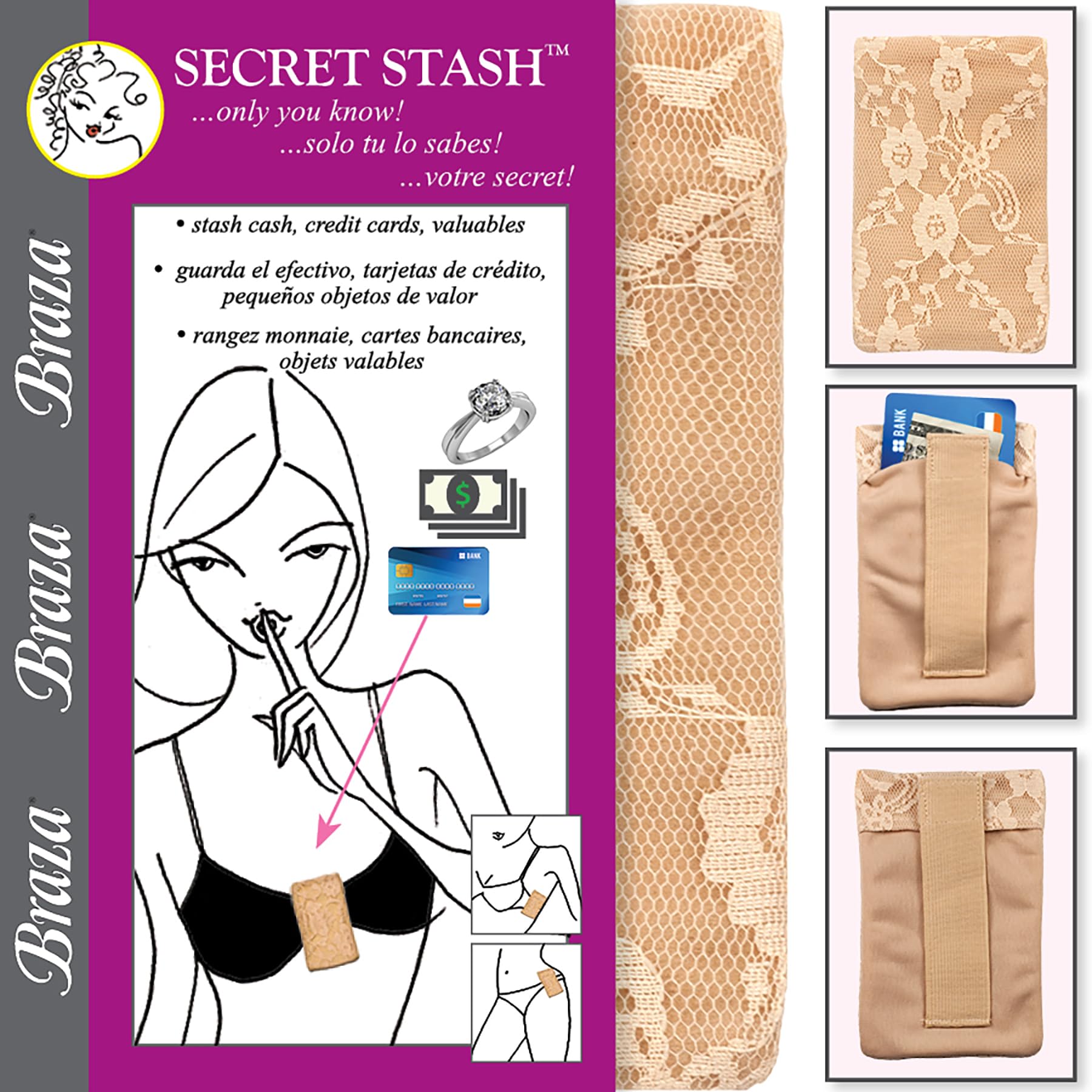Braza Secret Stash - Lace Bra Travel Pocket Pouch - Beige, One Size - Image 3