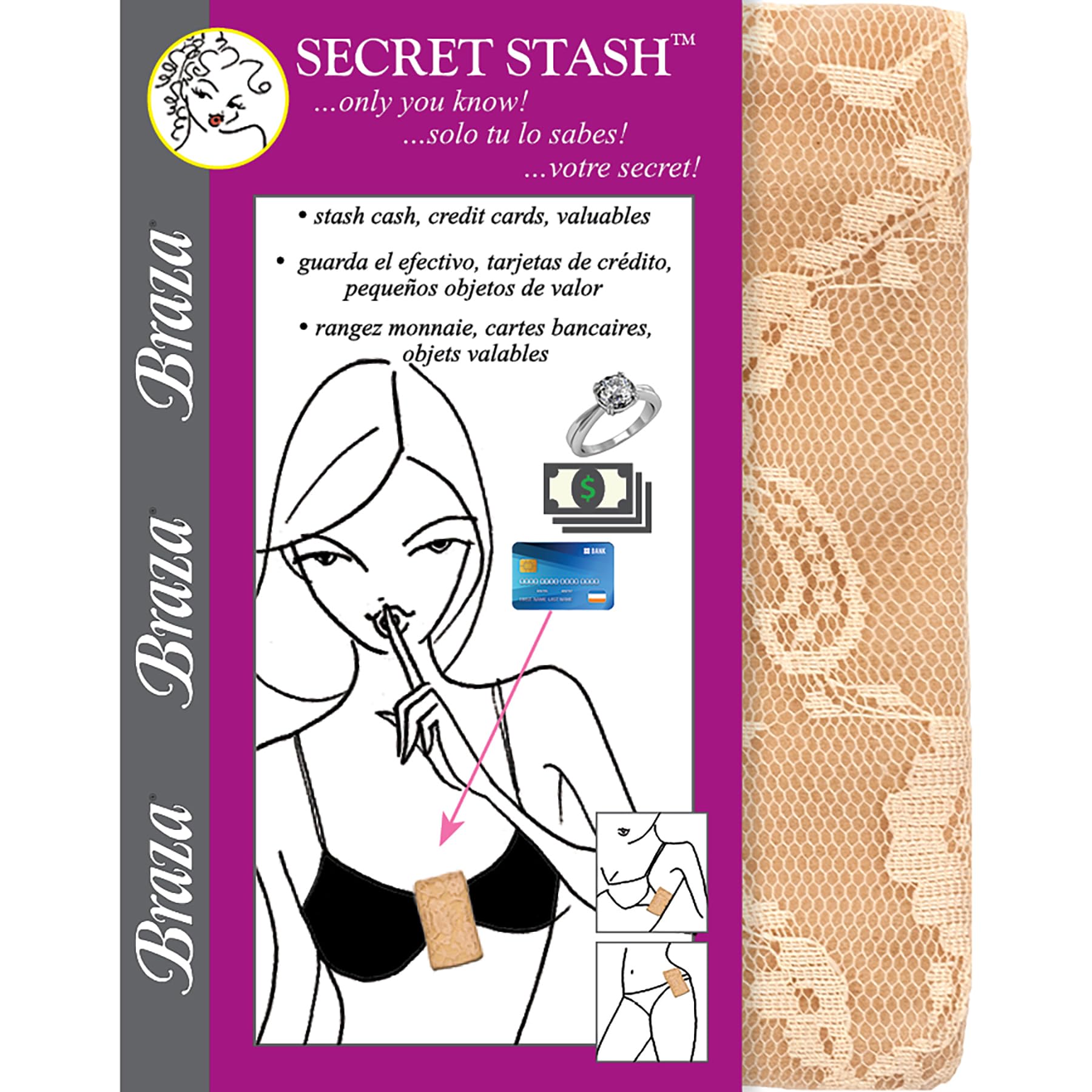 Braza Secret Stash - Lace Bra Travel Pocket Pouch - Beige, One Size - Image 5