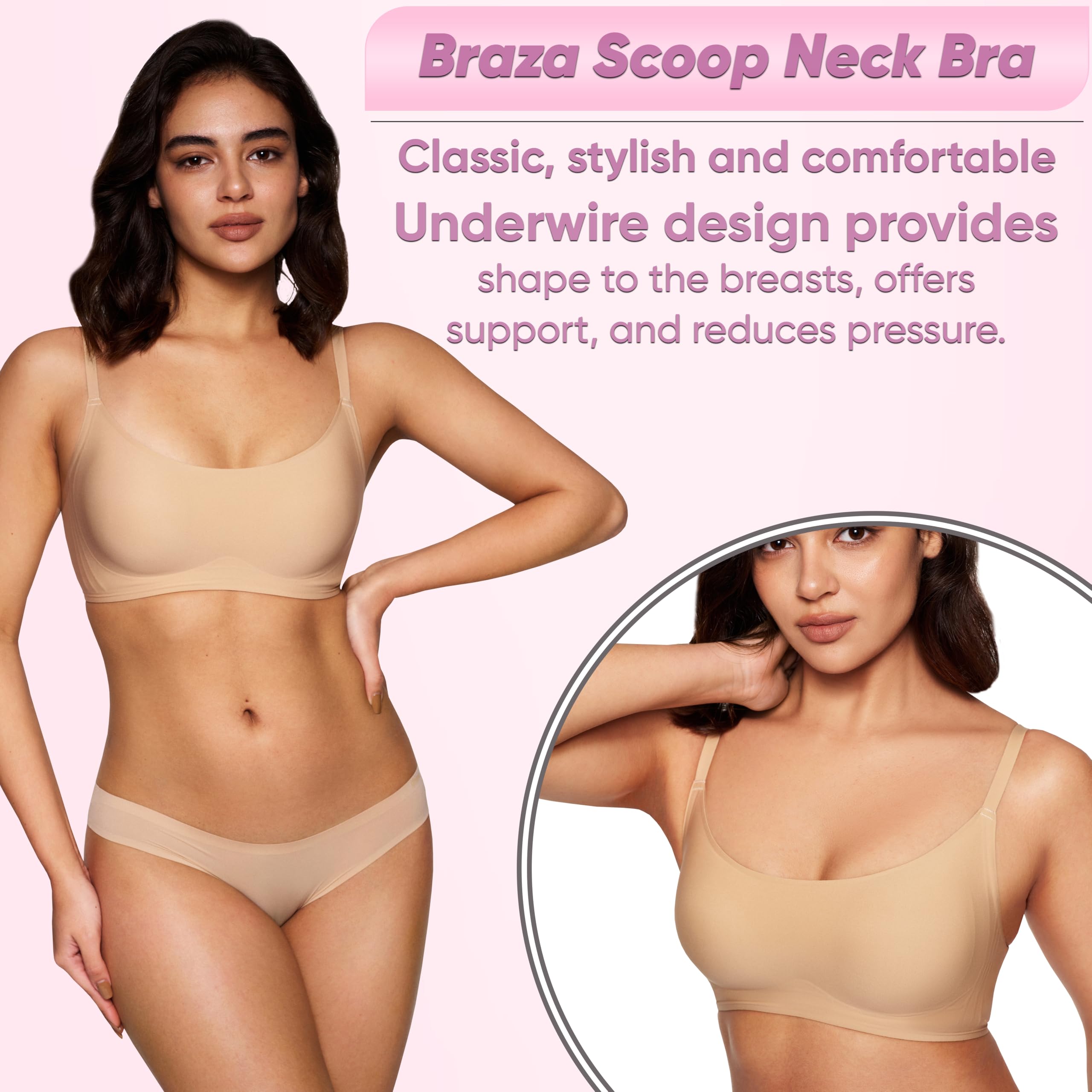 Scoop Neck Padded Bra – Comfortable Build-in Silicone Underwire Seamless Bra - Full Coverage Bra's with Hook & Eye Closure - Image 4