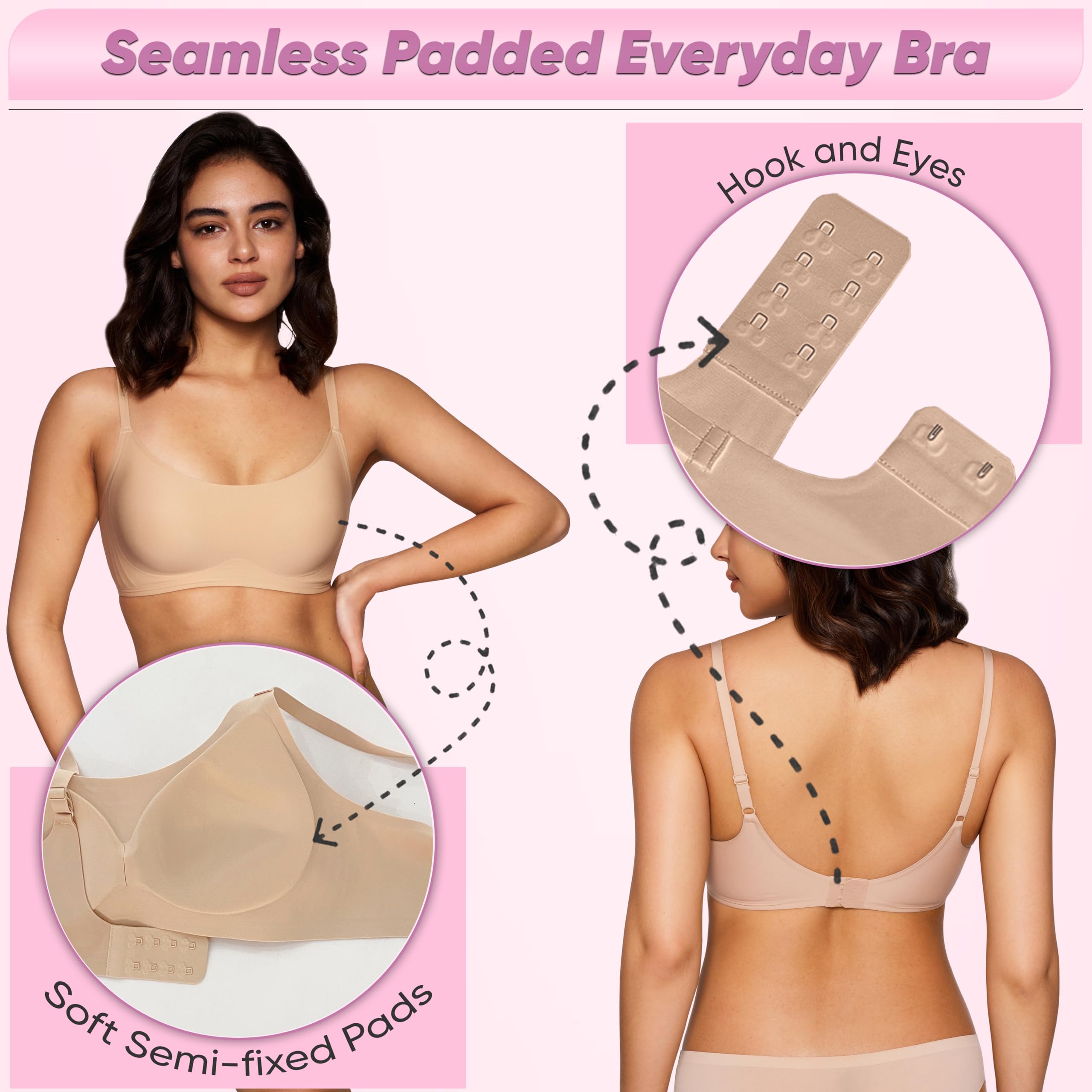 Scoop Neck Padded Bra – Comfortable Build-in Silicone Underwire Seamless Bra - Full Coverage Bra's with Hook & Eye Closure - Image 5